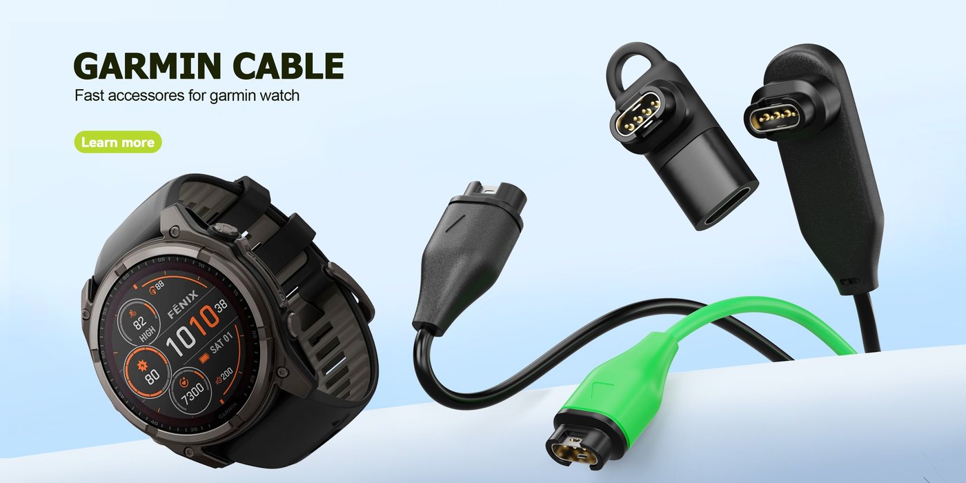 AWINNER Garmin charging cable beside a Fenix watch