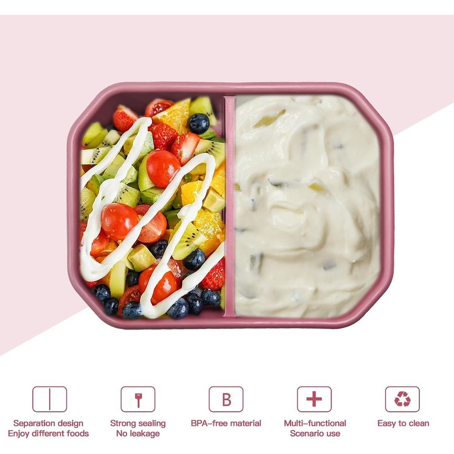 AWINNER Silicone Bento Lunch Box, 2 Compartments, Pink, view 2